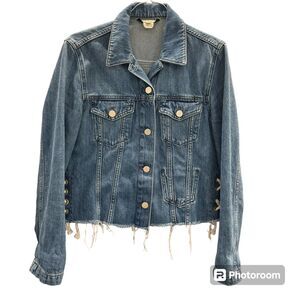 French Connection Washed Denim Jean Jacket Fringe Cut Hem Lace Up Sides Boho